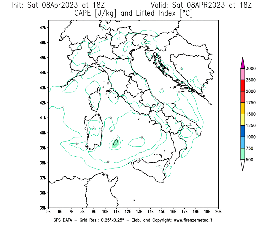 GFS analysi map - CAPE [J/kg] and Lifted Index [°C] in Italy
									on 08/04/2023 18 <!--googleoff: index-->UTC<!--googleon: index-->