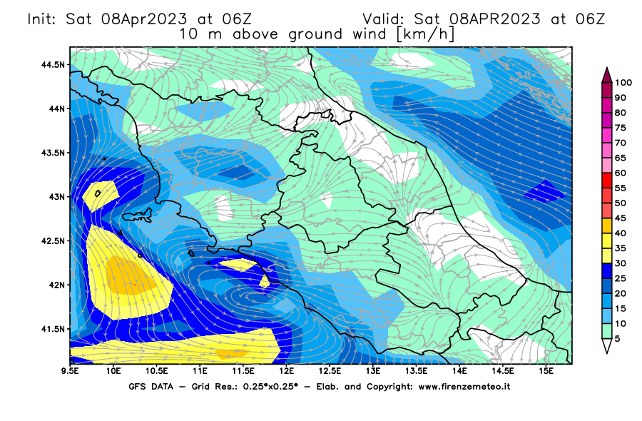 GFS analysi map - Wind Speed at 10 m above ground [km/h] in Central Italy
									on 08/04/2023 06 <!--googleoff: index-->UTC<!--googleon: index-->