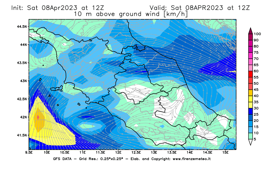 GFS analysi map - Wind Speed at 10 m above ground [km/h] in Central Italy
									on 08/04/2023 12 <!--googleoff: index-->UTC<!--googleon: index-->