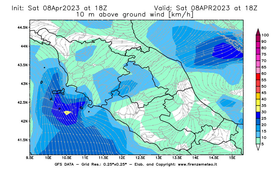 GFS analysi map - Wind Speed at 10 m above ground [km/h] in Central Italy
									on 08/04/2023 18 <!--googleoff: index-->UTC<!--googleon: index-->