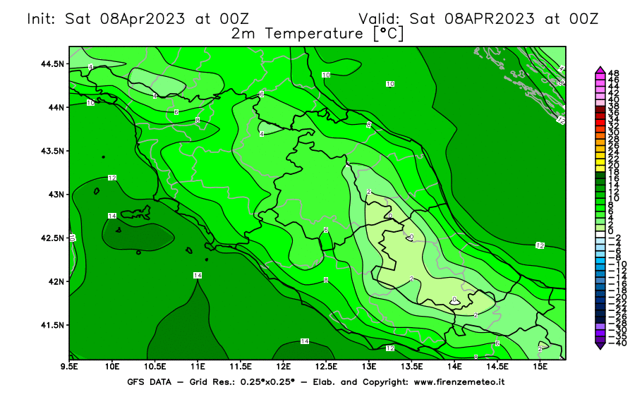 GFS analysi map - Temperature at 2 m above ground [°C] in Central Italy
									on 08/04/2023 00 <!--googleoff: index-->UTC<!--googleon: index-->