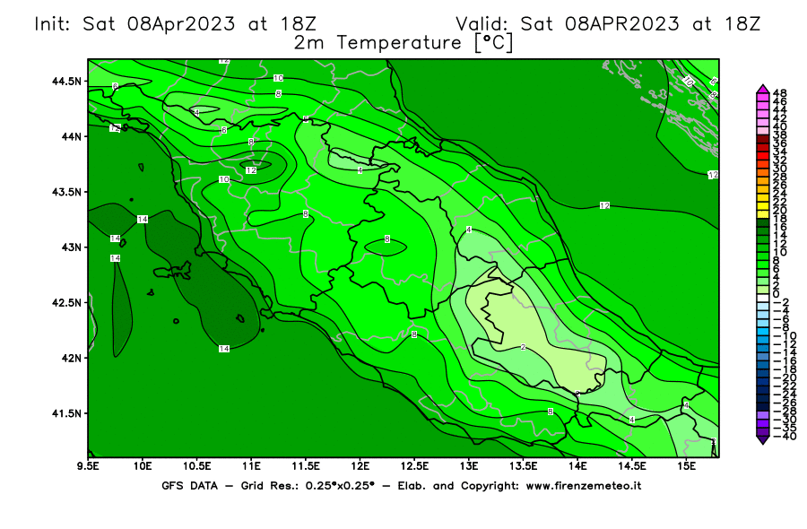 GFS analysi map - Temperature at 2 m above ground [°C] in Central Italy
									on 08/04/2023 18 <!--googleoff: index-->UTC<!--googleon: index-->