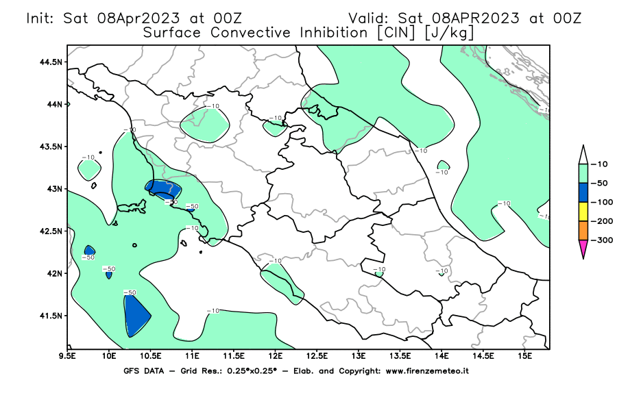 GFS analysi map - CIN [J/kg] in Central Italy
									on 08/04/2023 00 <!--googleoff: index-->UTC<!--googleon: index-->