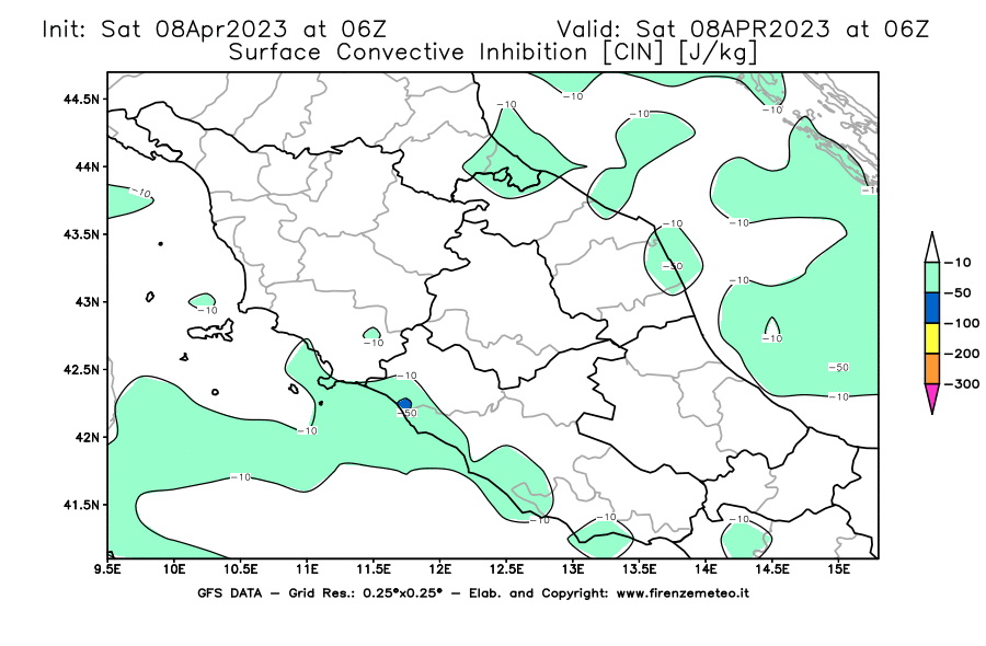 GFS analysi map - CIN [J/kg] in Central Italy
									on 08/04/2023 06 <!--googleoff: index-->UTC<!--googleon: index-->