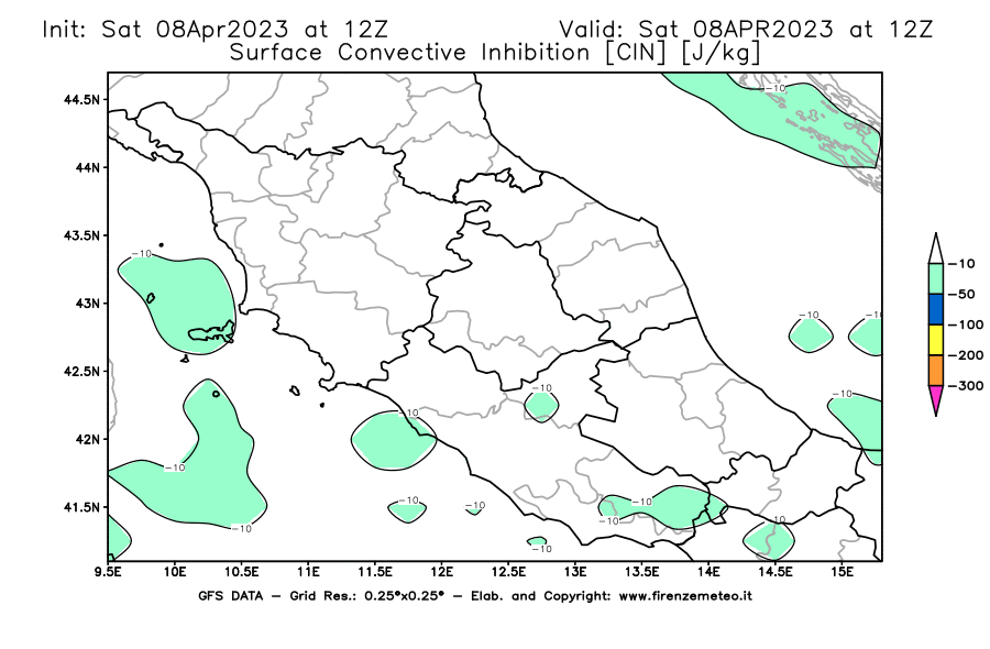 GFS analysi map - CIN [J/kg] in Central Italy
									on 08/04/2023 12 <!--googleoff: index-->UTC<!--googleon: index-->
