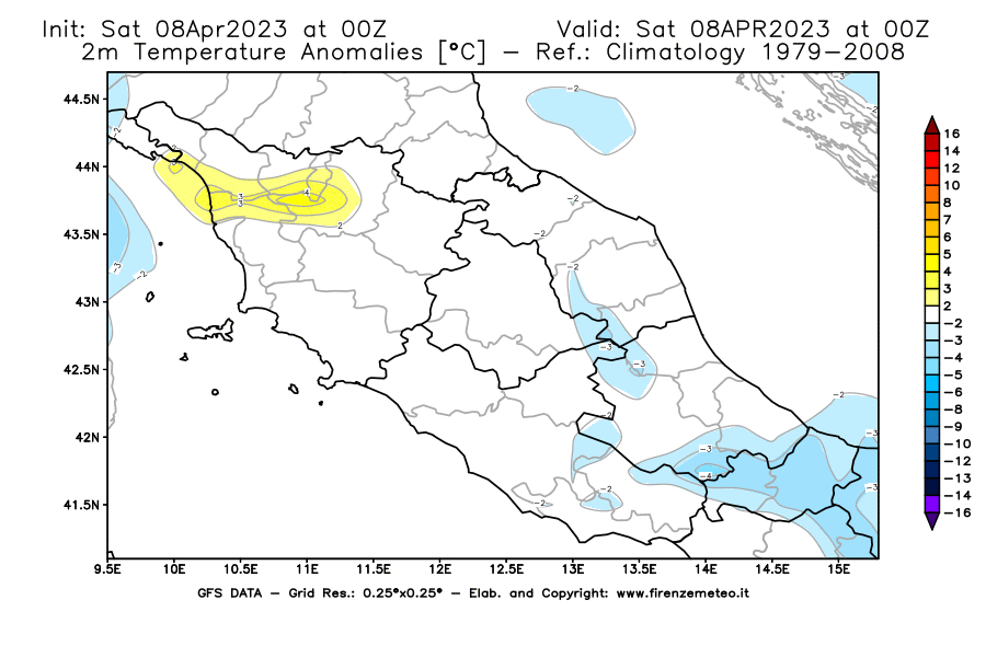 GFS analysi map - Temperature Anomalies [°C] at 2 m in Central Italy
									on 08/04/2023 00 <!--googleoff: index-->UTC<!--googleon: index-->