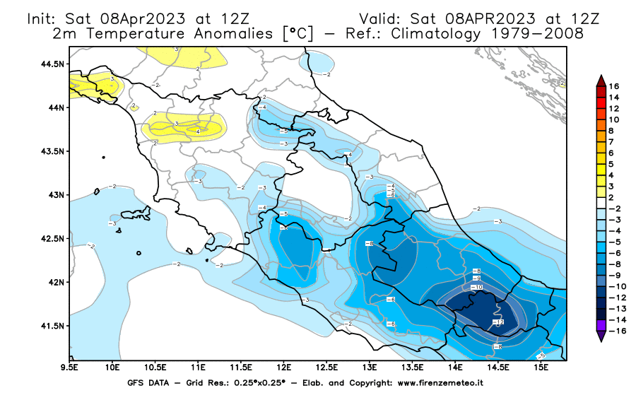 GFS analysi map - Temperature Anomalies [°C] at 2 m in Central Italy
									on 08/04/2023 12 <!--googleoff: index-->UTC<!--googleon: index-->