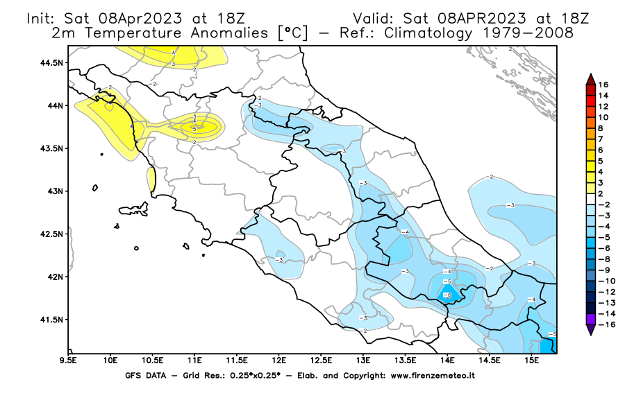 GFS analysi map - Temperature Anomalies [°C] at 2 m in Central Italy
									on 08/04/2023 18 <!--googleoff: index-->UTC<!--googleon: index-->
