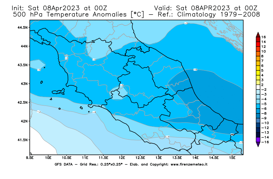 GFS analysi map - Temperature Anomalies [°C] at 500 hPa in Central Italy
									on 08/04/2023 00 <!--googleoff: index-->UTC<!--googleon: index-->