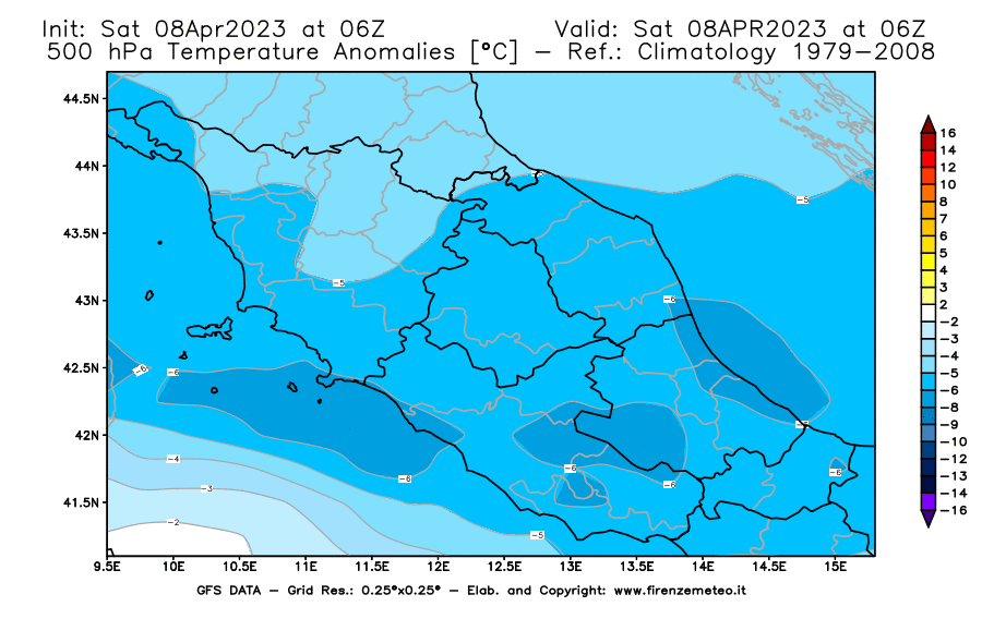 GFS analysi map - Temperature Anomalies [°C] at 500 hPa in Central Italy
									on 08/04/2023 06 <!--googleoff: index-->UTC<!--googleon: index-->