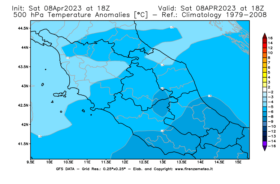 GFS analysi map - Temperature Anomalies [°C] at 500 hPa in Central Italy
									on 08/04/2023 18 <!--googleoff: index-->UTC<!--googleon: index-->