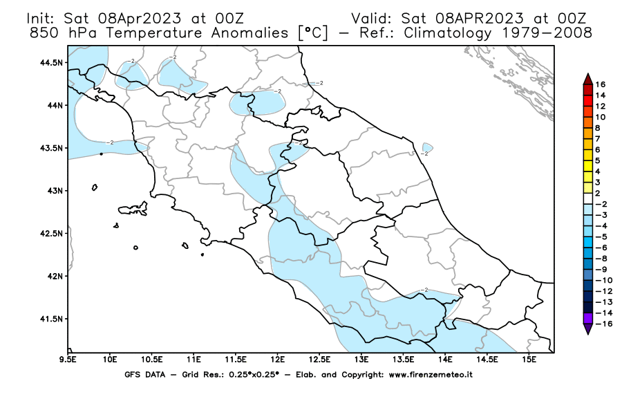 GFS analysi map - Temperature Anomalies [°C] at 850 hPa in Central Italy
									on 08/04/2023 00 <!--googleoff: index-->UTC<!--googleon: index-->