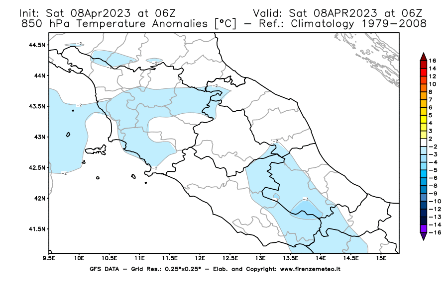 GFS analysi map - Temperature Anomalies [°C] at 850 hPa in Central Italy
									on 08/04/2023 06 <!--googleoff: index-->UTC<!--googleon: index-->