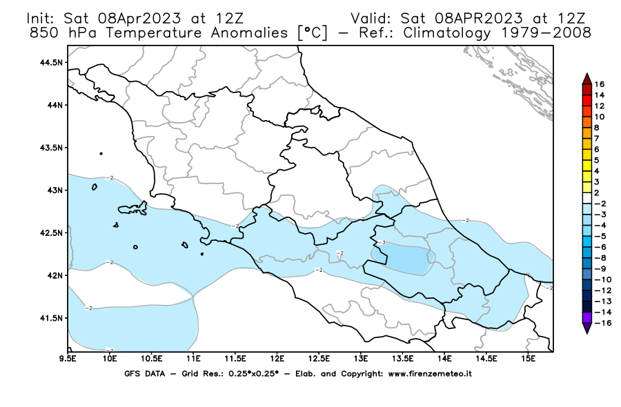 GFS analysi map - Temperature Anomalies [°C] at 850 hPa in Central Italy
									on 08/04/2023 12 <!--googleoff: index-->UTC<!--googleon: index-->