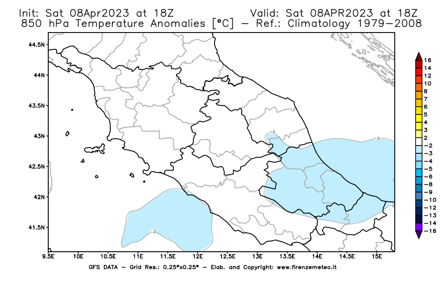 GFS analysi map - Temperature Anomalies [°C] at 850 hPa in Central Italy
									on 08/04/2023 18 <!--googleoff: index-->UTC<!--googleon: index-->