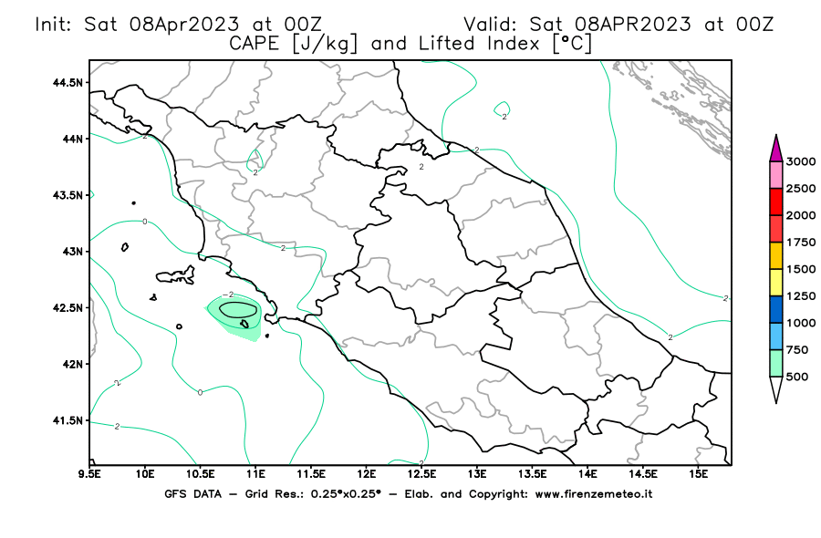 GFS analysi map - CAPE [J/kg] and Lifted Index [°C] in Central Italy
									on 08/04/2023 00 <!--googleoff: index-->UTC<!--googleon: index-->