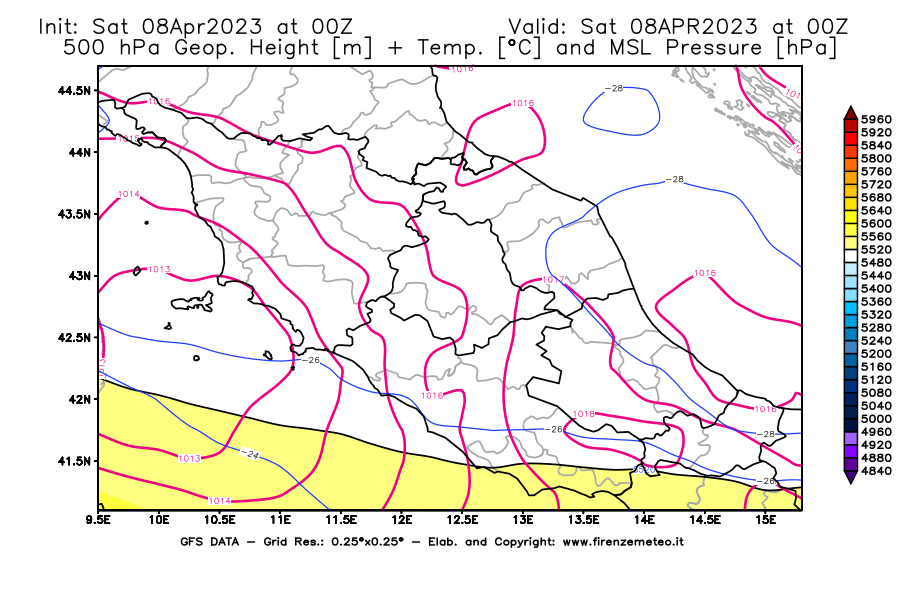 GFS analysi map - Geopotential [m] + Temp. [°C] at 500 hPa + Sea Level Pressure [hPa] in Central Italy
									on 08/04/2023 00 <!--googleoff: index-->UTC<!--googleon: index-->