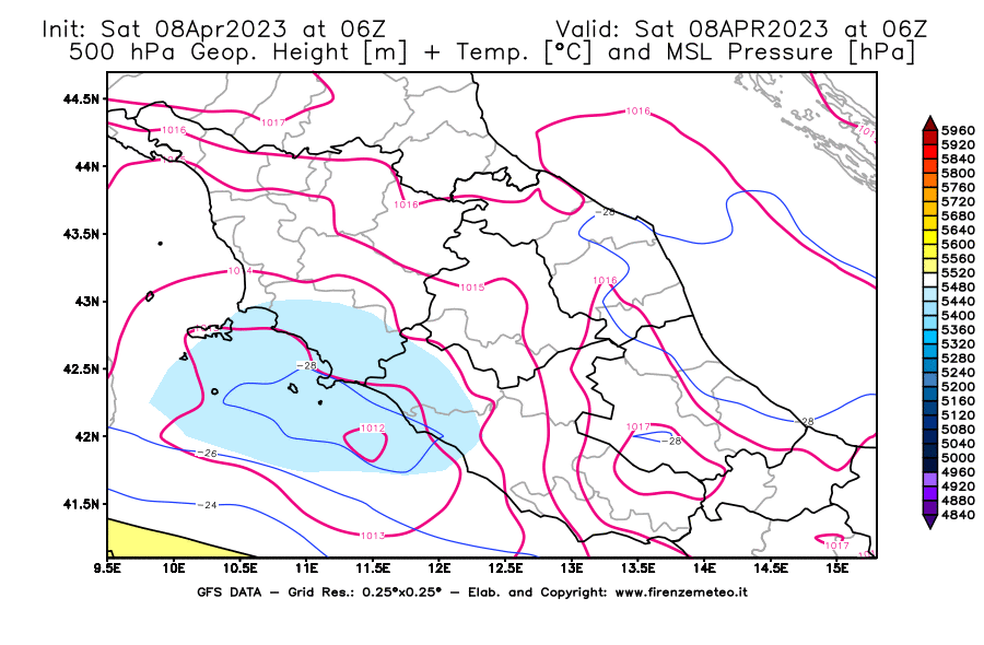 GFS analysi map - Geopotential [m] + Temp. [°C] at 500 hPa + Sea Level Pressure [hPa] in Central Italy
									on 08/04/2023 06 <!--googleoff: index-->UTC<!--googleon: index-->