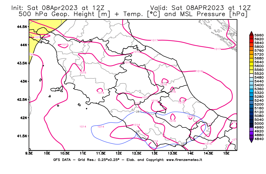 GFS analysi map - Geopotential [m] + Temp. [°C] at 500 hPa + Sea Level Pressure [hPa] in Central Italy
									on 08/04/2023 12 <!--googleoff: index-->UTC<!--googleon: index-->