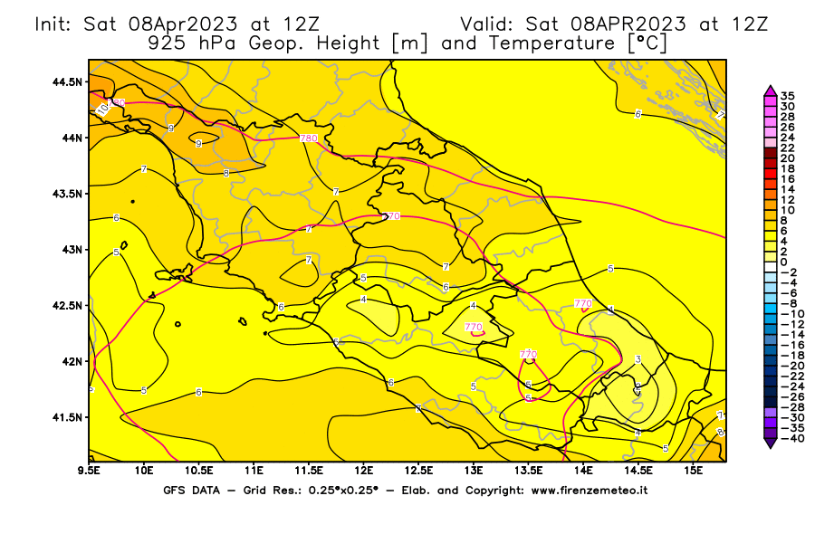 GFS analysi map - Geopotential [m] and Temperature [°C] at 925 hPa in Central Italy
									on 08/04/2023 12 <!--googleoff: index-->UTC<!--googleon: index-->