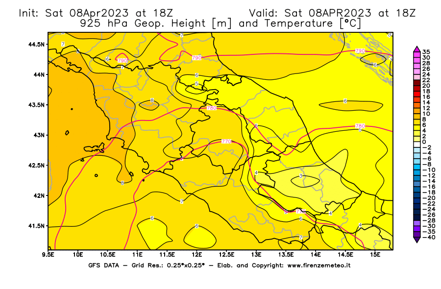 GFS analysi map - Geopotential [m] and Temperature [°C] at 925 hPa in Central Italy
									on 08/04/2023 18 <!--googleoff: index-->UTC<!--googleon: index-->