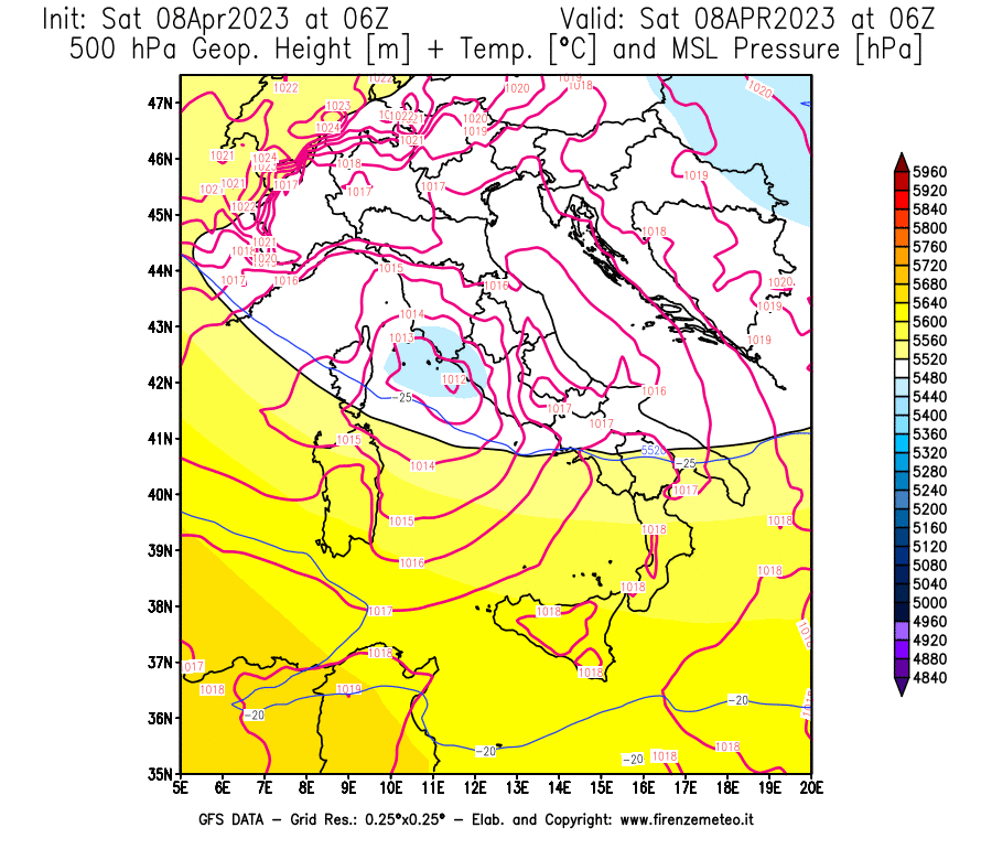 GFS analysi map - Geopotential [m] + Temp. [°C] at 500 hPa + Sea Level Pressure [hPa] in Italy
									on 08/04/2023 06 <!--googleoff: index-->UTC<!--googleon: index-->