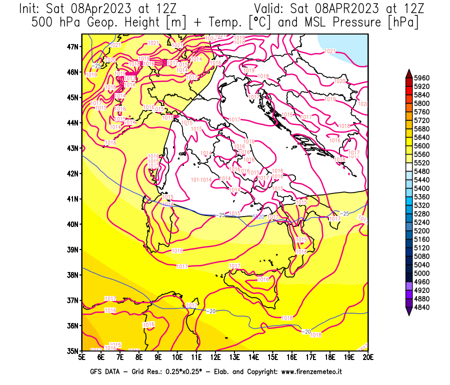 GFS analysi map - Geopotential [m] + Temp. [°C] at 500 hPa + Sea Level Pressure [hPa] in Italy
									on 08/04/2023 12 <!--googleoff: index-->UTC<!--googleon: index-->