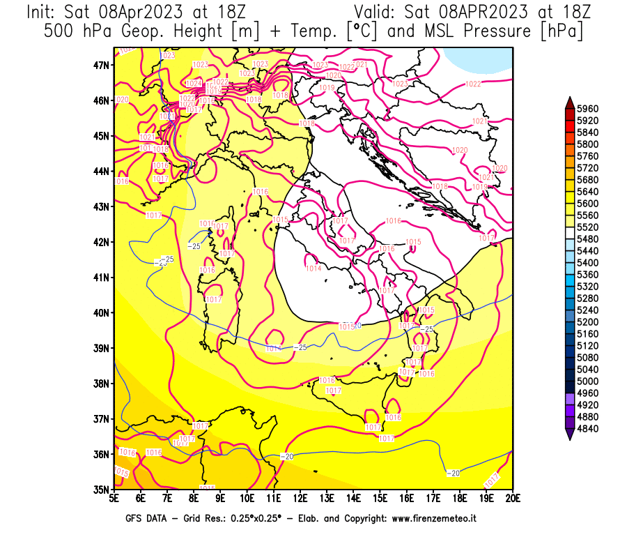 GFS analysi map - Geopotential [m] + Temp. [°C] at 500 hPa + Sea Level Pressure [hPa] in Italy
									on 08/04/2023 18 <!--googleoff: index-->UTC<!--googleon: index-->