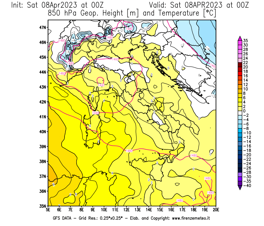 GFS analysi map - Geopotential [m] and Temperature [°C] at 850 hPa in Italy
									on 08/04/2023 00 <!--googleoff: index-->UTC<!--googleon: index-->