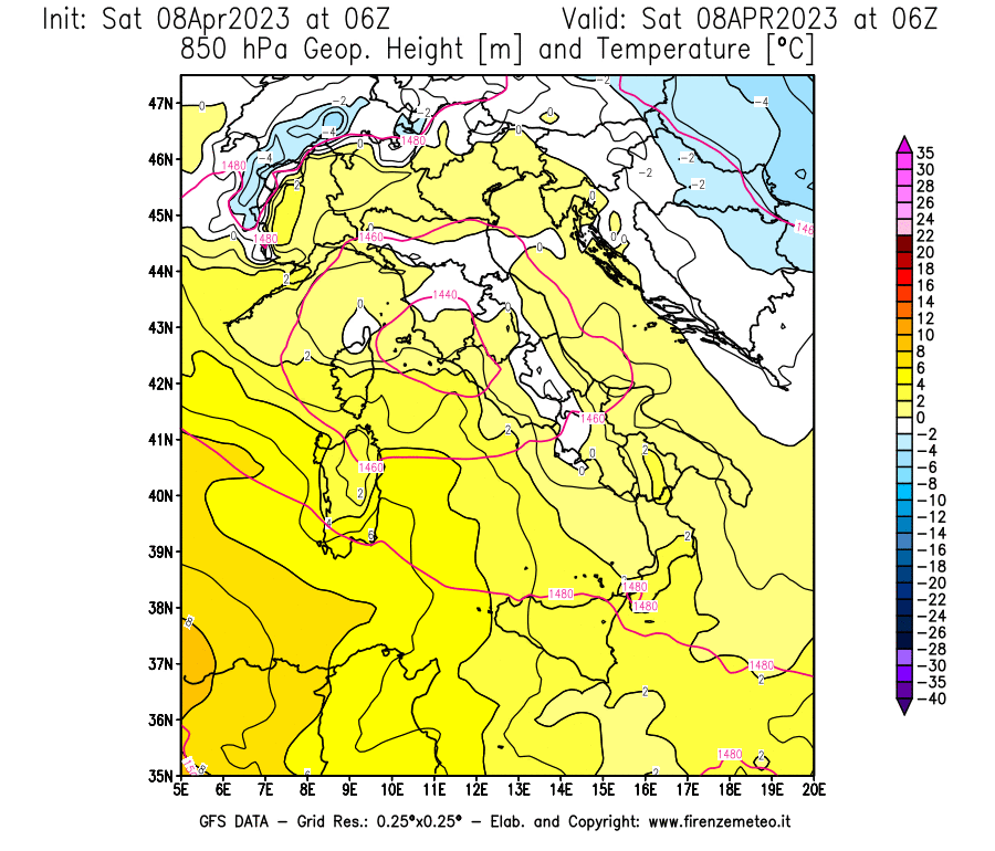 GFS analysi map - Geopotential [m] and Temperature [°C] at 850 hPa in Italy
									on 08/04/2023 06 <!--googleoff: index-->UTC<!--googleon: index-->