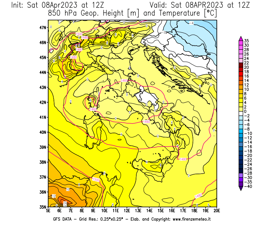 GFS analysi map - Geopotential [m] and Temperature [°C] at 850 hPa in Italy
									on 08/04/2023 12 <!--googleoff: index-->UTC<!--googleon: index-->