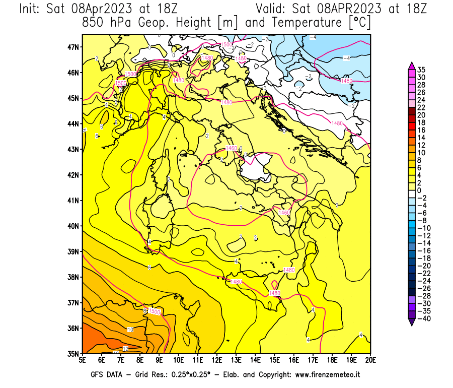 GFS analysi map - Geopotential [m] and Temperature [°C] at 850 hPa in Italy
									on 08/04/2023 18 <!--googleoff: index-->UTC<!--googleon: index-->