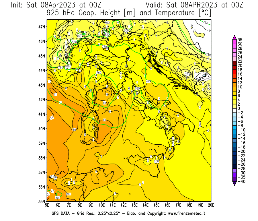 GFS analysi map - Geopotential [m] and Temperature [°C] at 925 hPa in Italy
									on 08/04/2023 00 <!--googleoff: index-->UTC<!--googleon: index-->