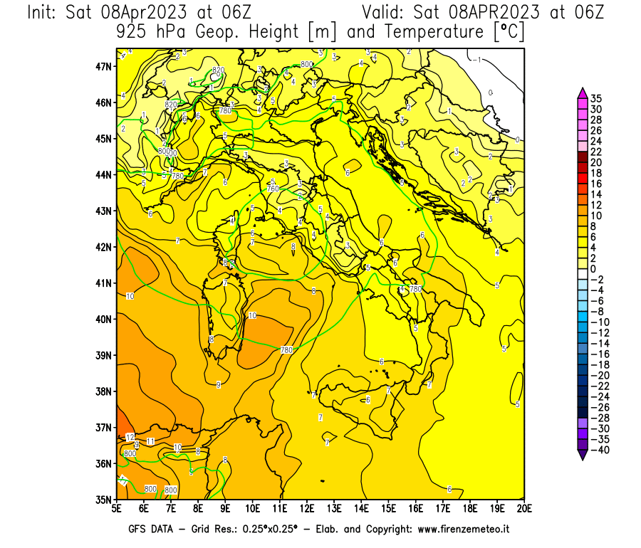 GFS analysi map - Geopotential [m] and Temperature [°C] at 925 hPa in Italy
									on 08/04/2023 06 <!--googleoff: index-->UTC<!--googleon: index-->