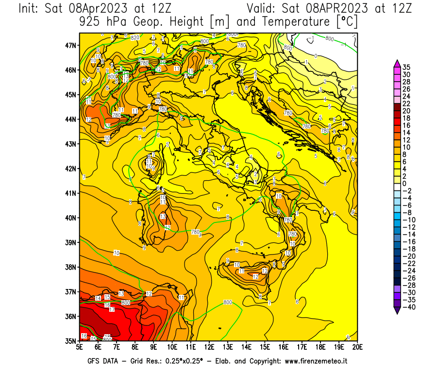 GFS analysi map - Geopotential [m] and Temperature [°C] at 925 hPa in Italy
									on 08/04/2023 12 <!--googleoff: index-->UTC<!--googleon: index-->