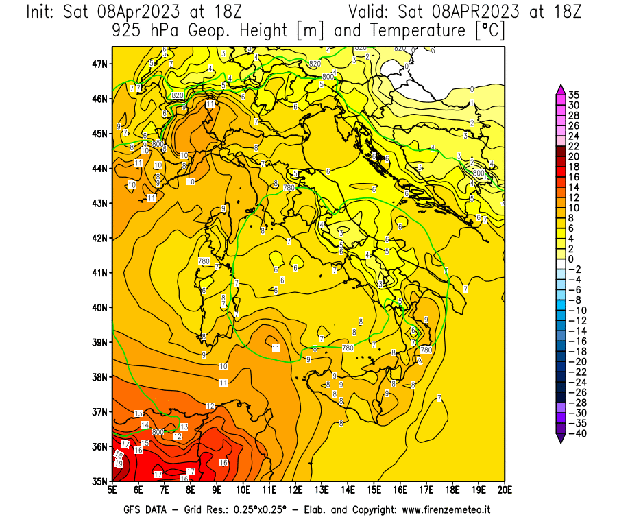 GFS analysi map - Geopotential [m] and Temperature [°C] at 925 hPa in Italy
									on 08/04/2023 18 <!--googleoff: index-->UTC<!--googleon: index-->