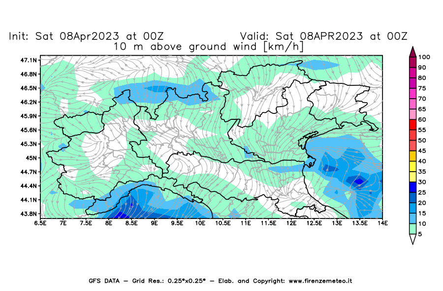 GFS analysi map - Wind Speed at 10 m above ground [km/h] in Northern Italy
									on 08/04/2023 00 <!--googleoff: index-->UTC<!--googleon: index-->