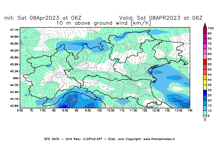 GFS analysi map - Wind Speed at 10 m above ground [km/h] in Northern Italy
									on 08/04/2023 06 <!--googleoff: index-->UTC<!--googleon: index-->