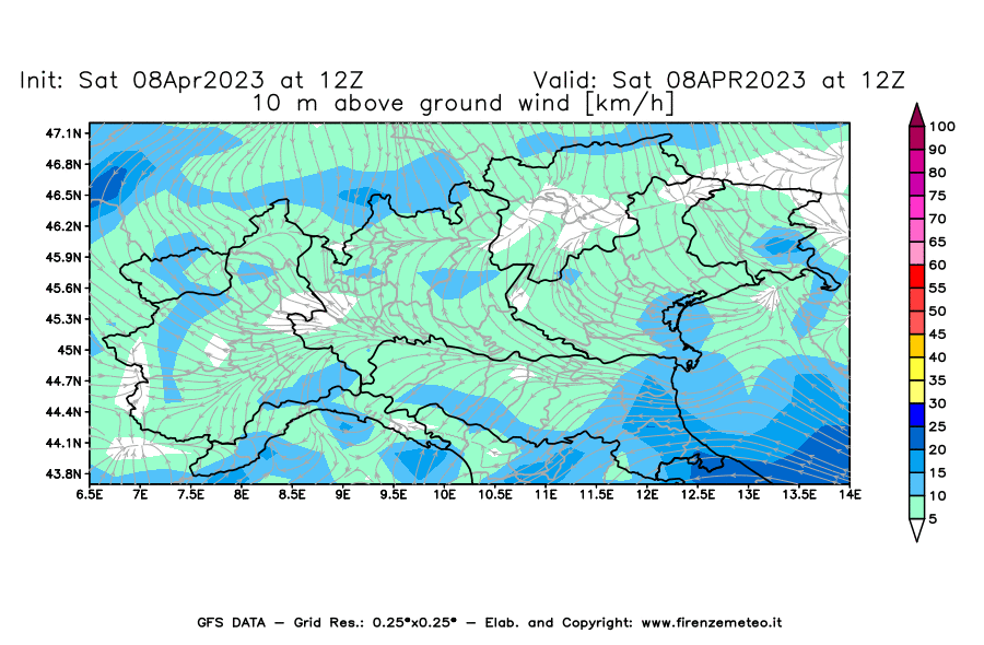 GFS analysi map - Wind Speed at 10 m above ground [km/h] in Northern Italy
									on 08/04/2023 12 <!--googleoff: index-->UTC<!--googleon: index-->