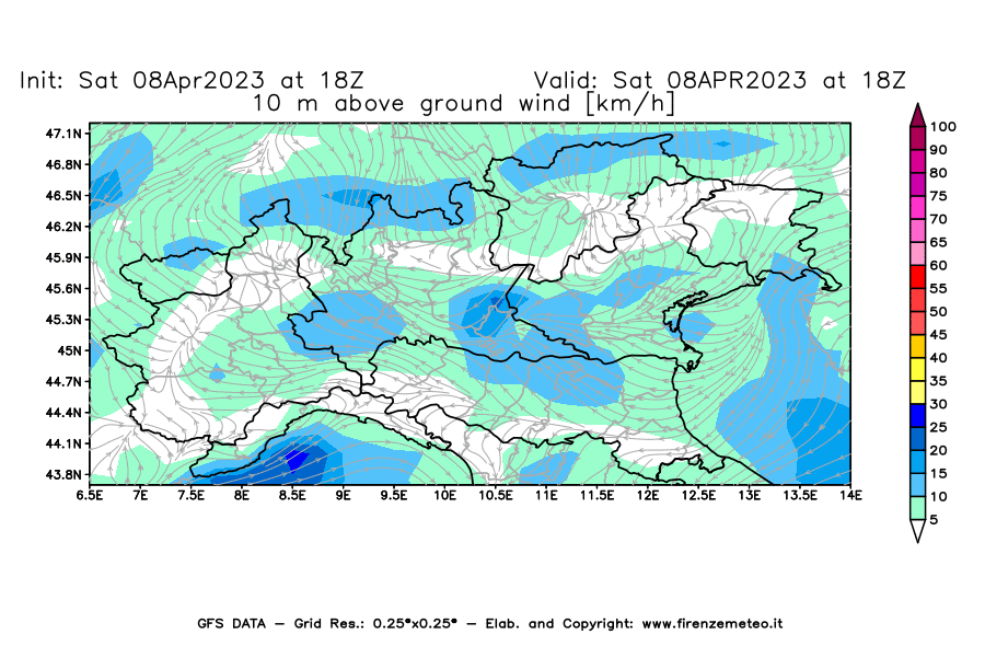 GFS analysi map - Wind Speed at 10 m above ground [km/h] in Northern Italy
									on 08/04/2023 18 <!--googleoff: index-->UTC<!--googleon: index-->