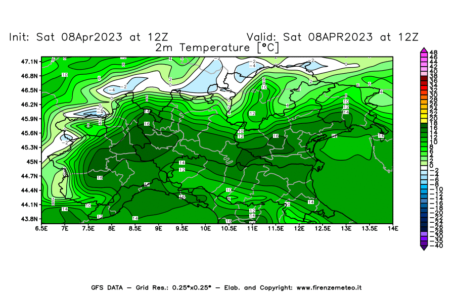 GFS analysi map - Temperature at 2 m above ground [°C] in Northern Italy
									on 08/04/2023 12 <!--googleoff: index-->UTC<!--googleon: index-->