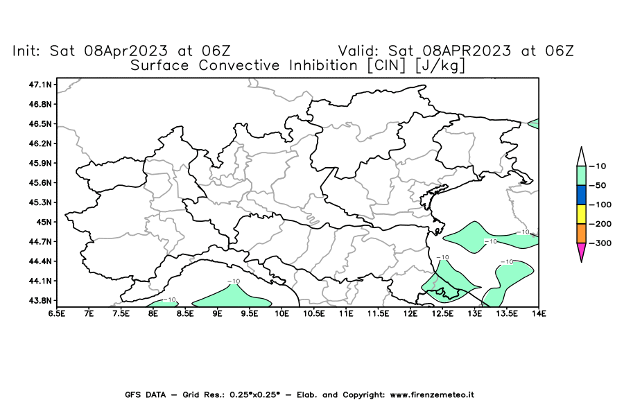 GFS analysi map - CIN [J/kg] in Northern Italy
									on 08/04/2023 06 <!--googleoff: index-->UTC<!--googleon: index-->