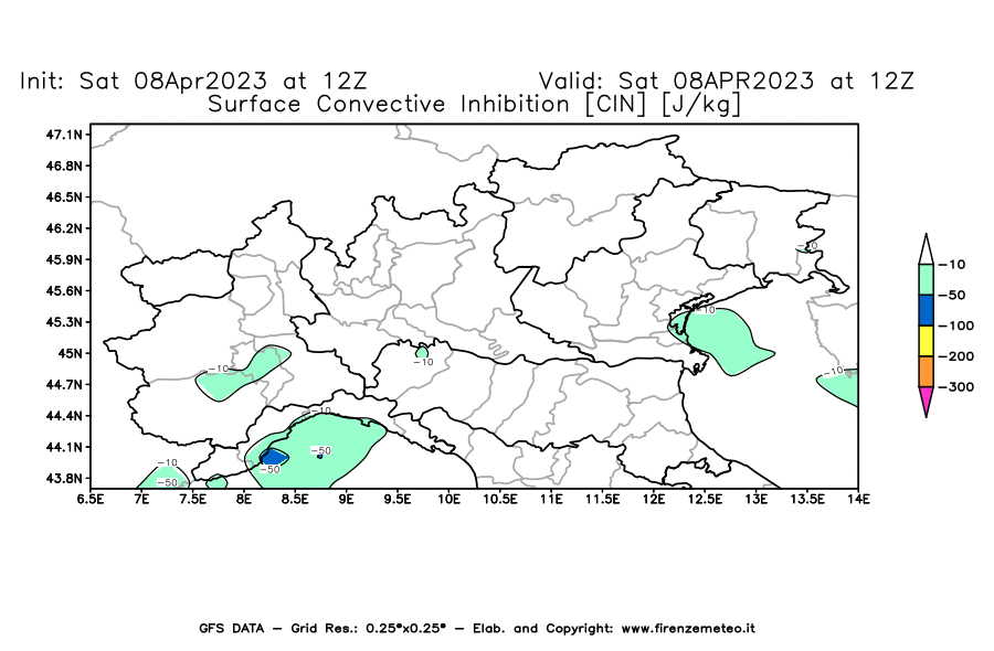 GFS analysi map - CIN [J/kg] in Northern Italy
									on 08/04/2023 12 <!--googleoff: index-->UTC<!--googleon: index-->
