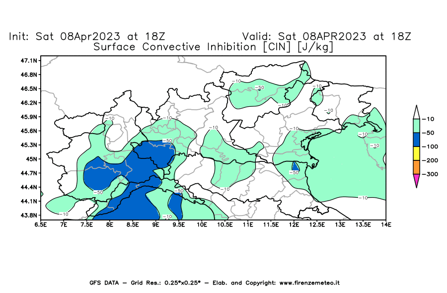 GFS analysi map - CIN [J/kg] in Northern Italy
									on 08/04/2023 18 <!--googleoff: index-->UTC<!--googleon: index-->