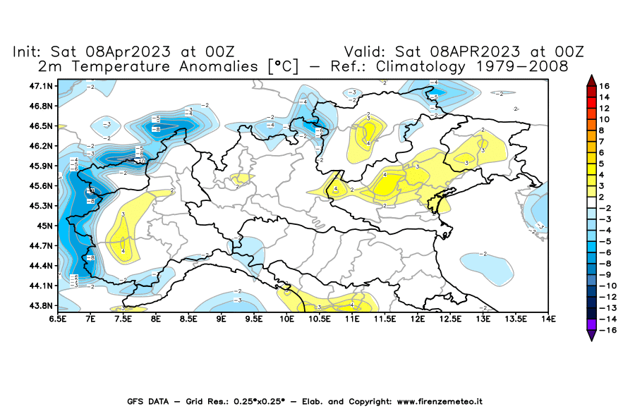 GFS analysi map - Temperature Anomalies [°C] at 2 m in Northern Italy
									on 08/04/2023 00 <!--googleoff: index-->UTC<!--googleon: index-->