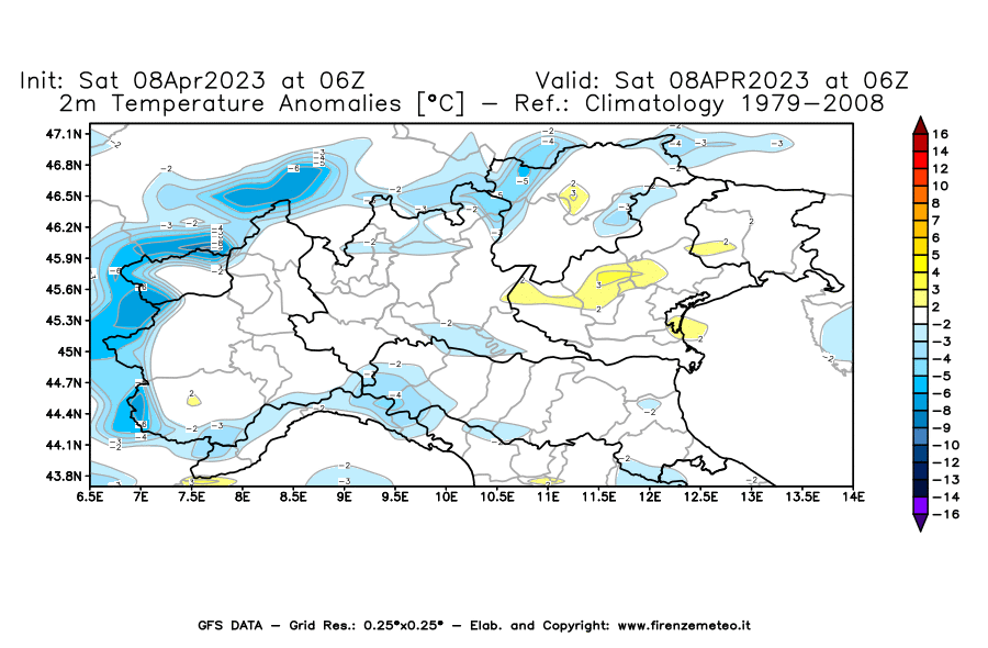 GFS analysi map - Temperature Anomalies [°C] at 2 m in Northern Italy
									on 08/04/2023 06 <!--googleoff: index-->UTC<!--googleon: index-->