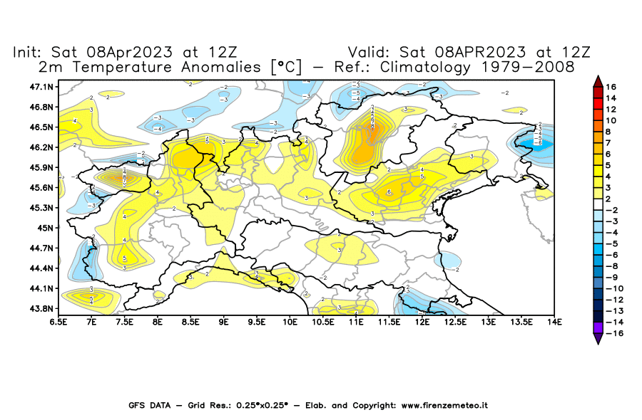GFS analysi map - Temperature Anomalies [°C] at 2 m in Northern Italy
									on 08/04/2023 12 <!--googleoff: index-->UTC<!--googleon: index-->