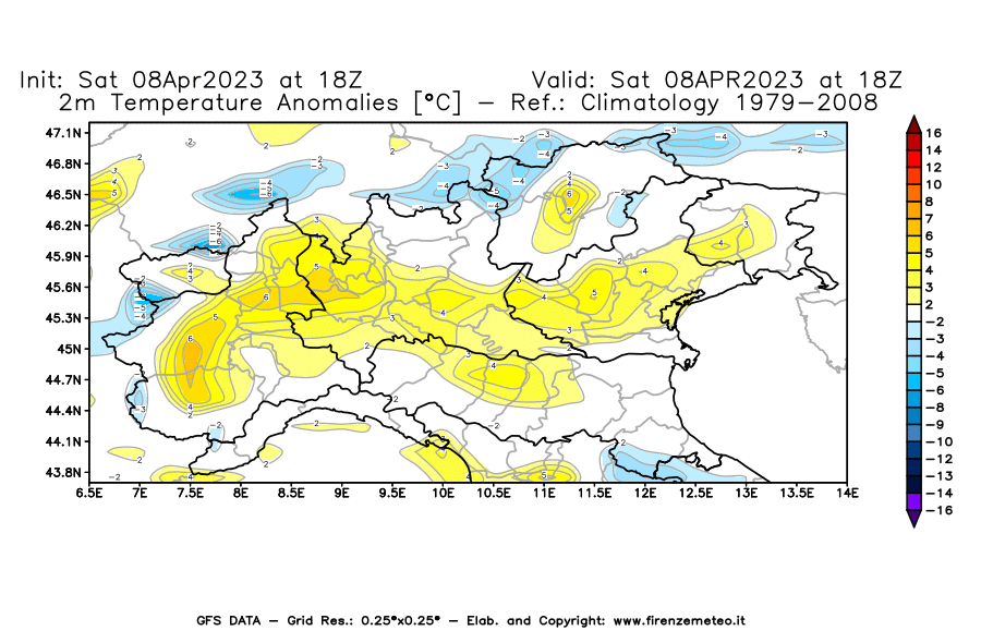 GFS analysi map - Temperature Anomalies [°C] at 2 m in Northern Italy
									on 08/04/2023 18 <!--googleoff: index-->UTC<!--googleon: index-->
