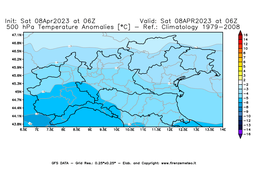 GFS analysi map - Temperature Anomalies [°C] at 500 hPa in Northern Italy
									on 08/04/2023 06 <!--googleoff: index-->UTC<!--googleon: index-->