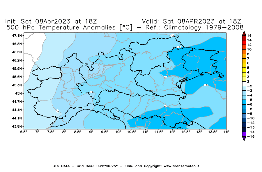 GFS analysi map - Temperature Anomalies [°C] at 500 hPa in Northern Italy
									on 08/04/2023 18 <!--googleoff: index-->UTC<!--googleon: index-->